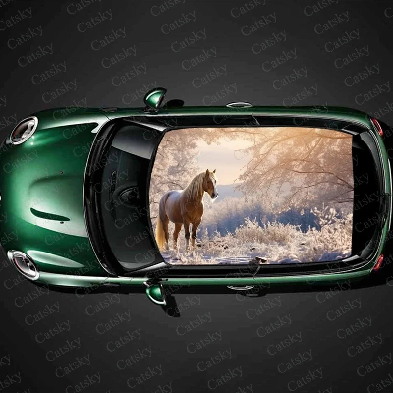 

Horse in Snowy Field Car Roof Sticker Wrap Racing SUV Accessories Packaging Painted PVC Custom Car Graphic Decal