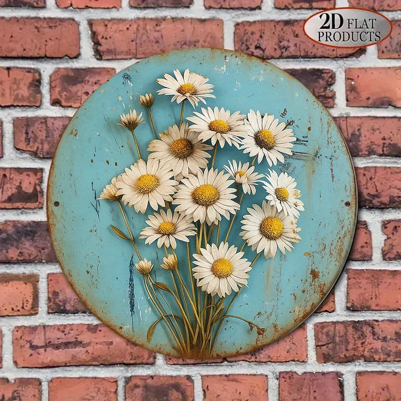 2D Flat, Round Vintage Daisy Bouquet Wall Decor - Aluminum Metal Sign Suitable for Country Farmhouse Style, Daisies for Easter V