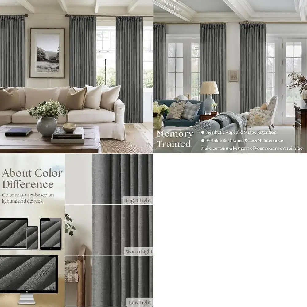 

Light Filtering 90 Charcoal Grey Pinch Pleat Linen Curtains, 2 Panels with Hooks Rings, Modern Farmhouse Style for Living Room &