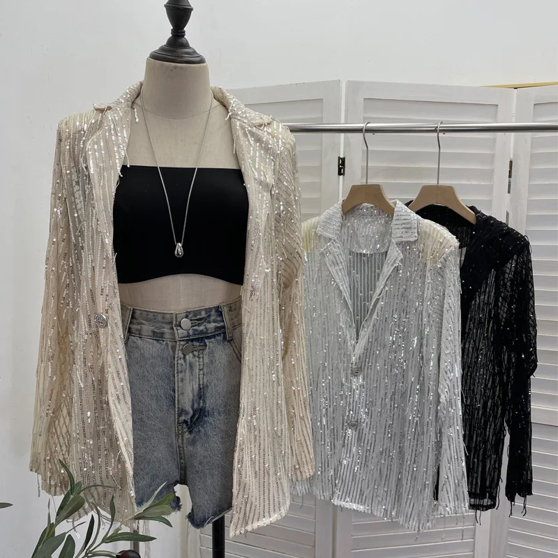 

ISAROSE Fashion Bling Shirt for Women Solid Color Sequins Tassel Breathable Mesh Turn-down Collar Long Sleeves Casual Loose Tops