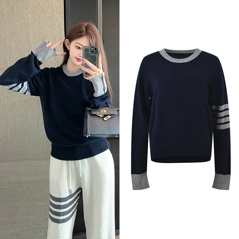 

Элитный женский повседневный свитер с круглым вырезом, вязаный, с цветовыми блоками, универсальный топ с длинными рукавами