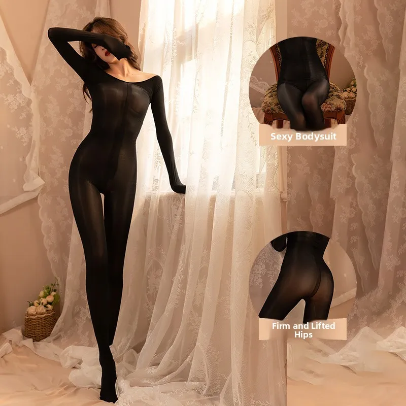 

Ultra-Thin Full-Body Sexy One-Piece Oil Tights Open-Crotch Silk Stoings Matte Fini White Bla Panhose Ensemble