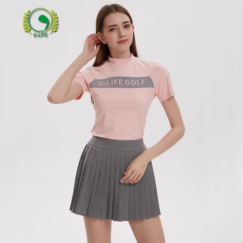 G-LIFE Golf Women Summer Clothing Sunscreen Thin Short Sleeved T-shirt Round Neck Golf Tops High-waist Gray Tennis Pleats Skirt