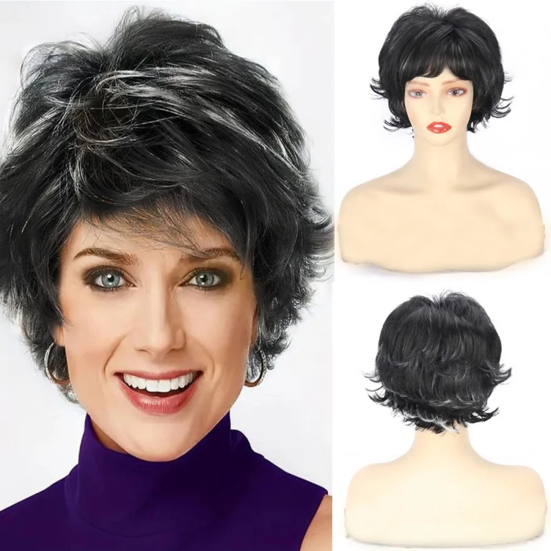 

European-style women's short curly wig, black and white synthetic fiber with side bangs