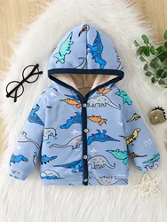 Baby Boys and Girls Spring and Autumn Blue Dinosaur Cartoon Print Hooded Zipper Long Sleeve Thin Velvet Coat