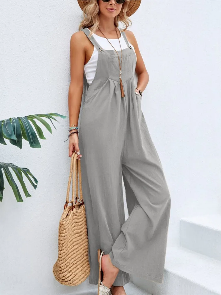 New Solid Color Retro Cotton Hemp Suspender Jumpsuit For Women\'S Summer Casual Pocket Slim Female Wide Leg Pants 2024