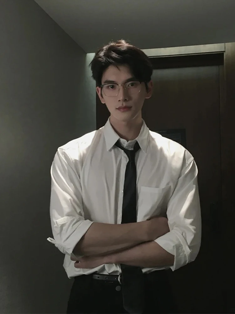 

Pure White Long Sleeve Men's Shirt Inner Wear British Style Casual Handsome Youthful Summer Thin Fabric Loose Fit Shirt