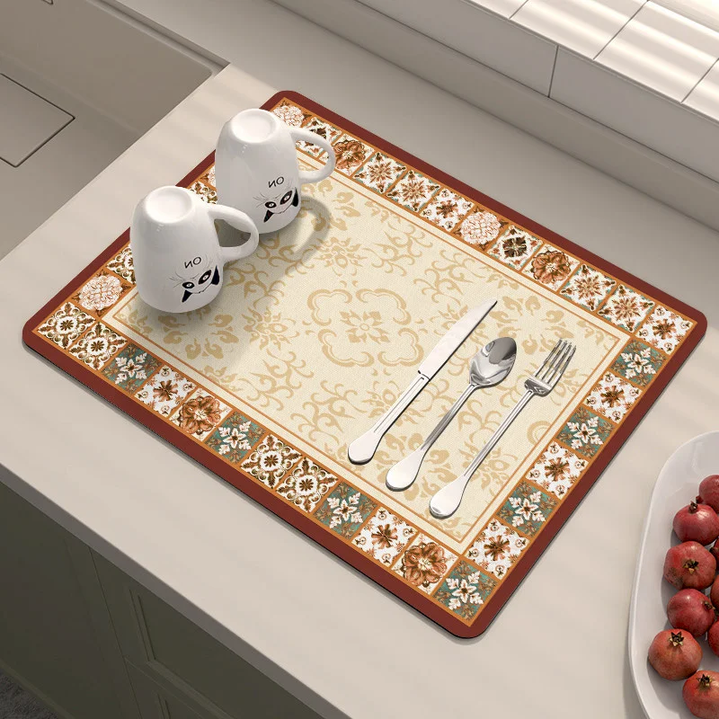 VIKAMA Mediterranean Tile Quick Dry Absorbent Non Slip Washable Kitchen Counter Drying Mat Food Lover Placemat