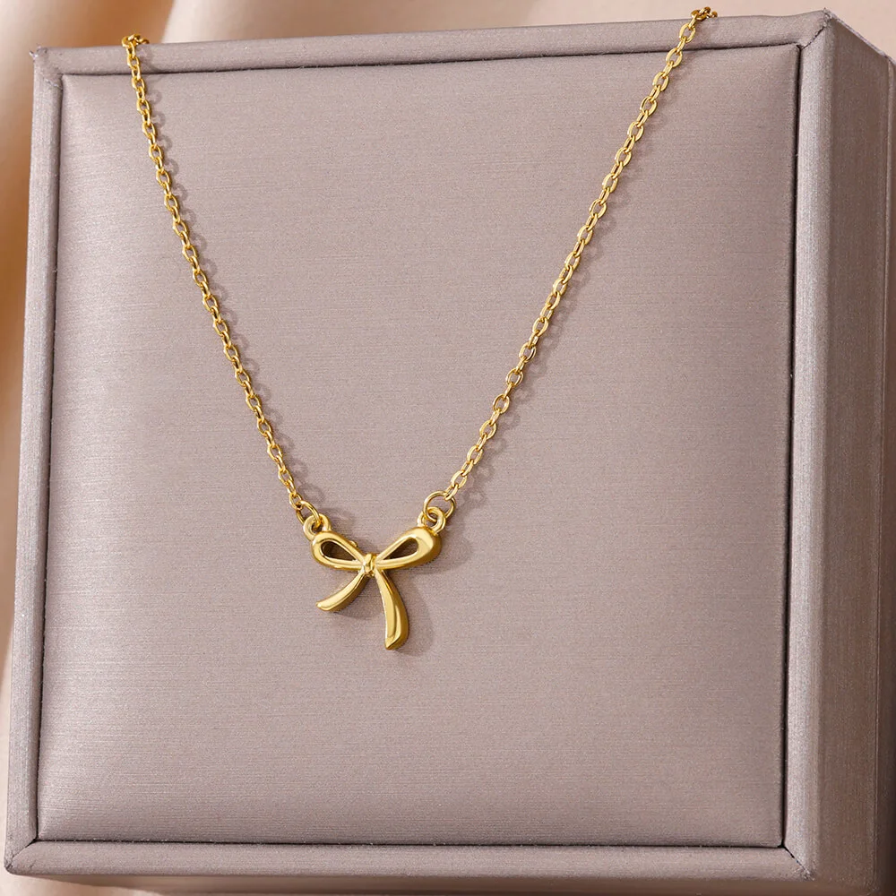 Stainless Steel Bowknot Lucky Necklace for Women Gold Color Korean Necklaces Female Aesthetic Jewelry Accessories Free Gift