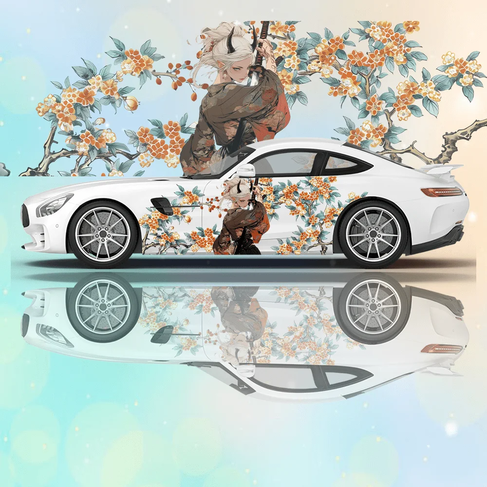 

Japanese Geisha with A Sword, Full Back Tattoo, Car Decal, Full Body Floral Decoration Covering Scratches, Waterproof Car Decal