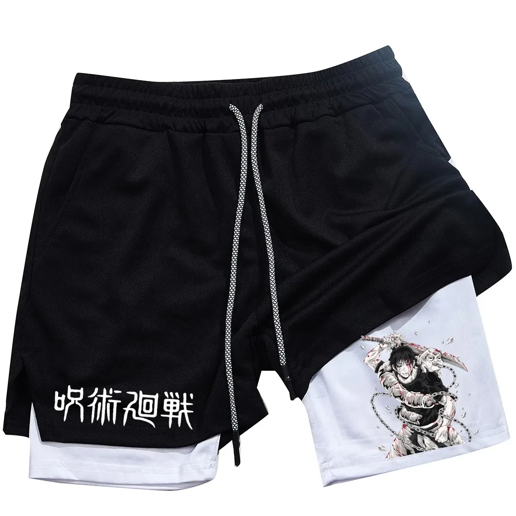 Japan Anime Performance Printed Shorts Men Casual Sports Compression Shorts Workout Running Mesh 2 in 1 Sport Short Pants Summer