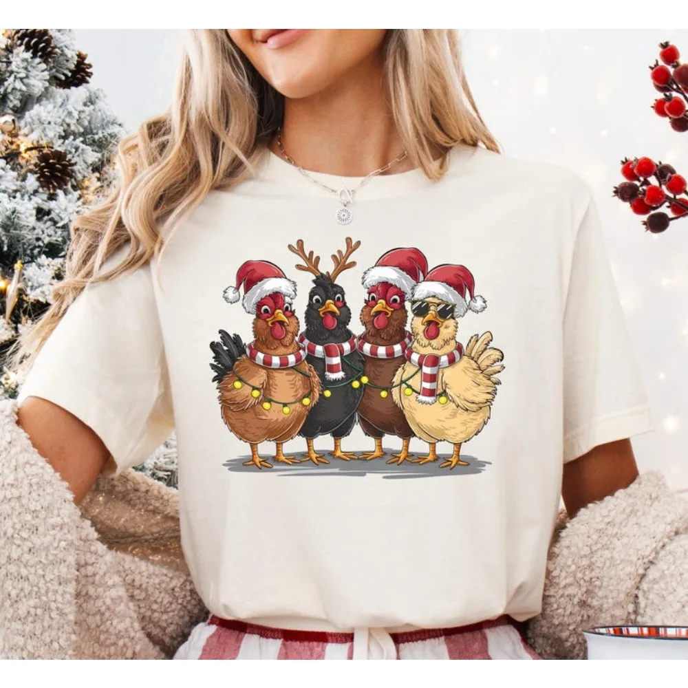 Christmas Chickens Shirt Santa Chicken Christmas T-shirt Funny Animals Tops Farm Lover Gift Christmas LightsTee Xmas Party Tees