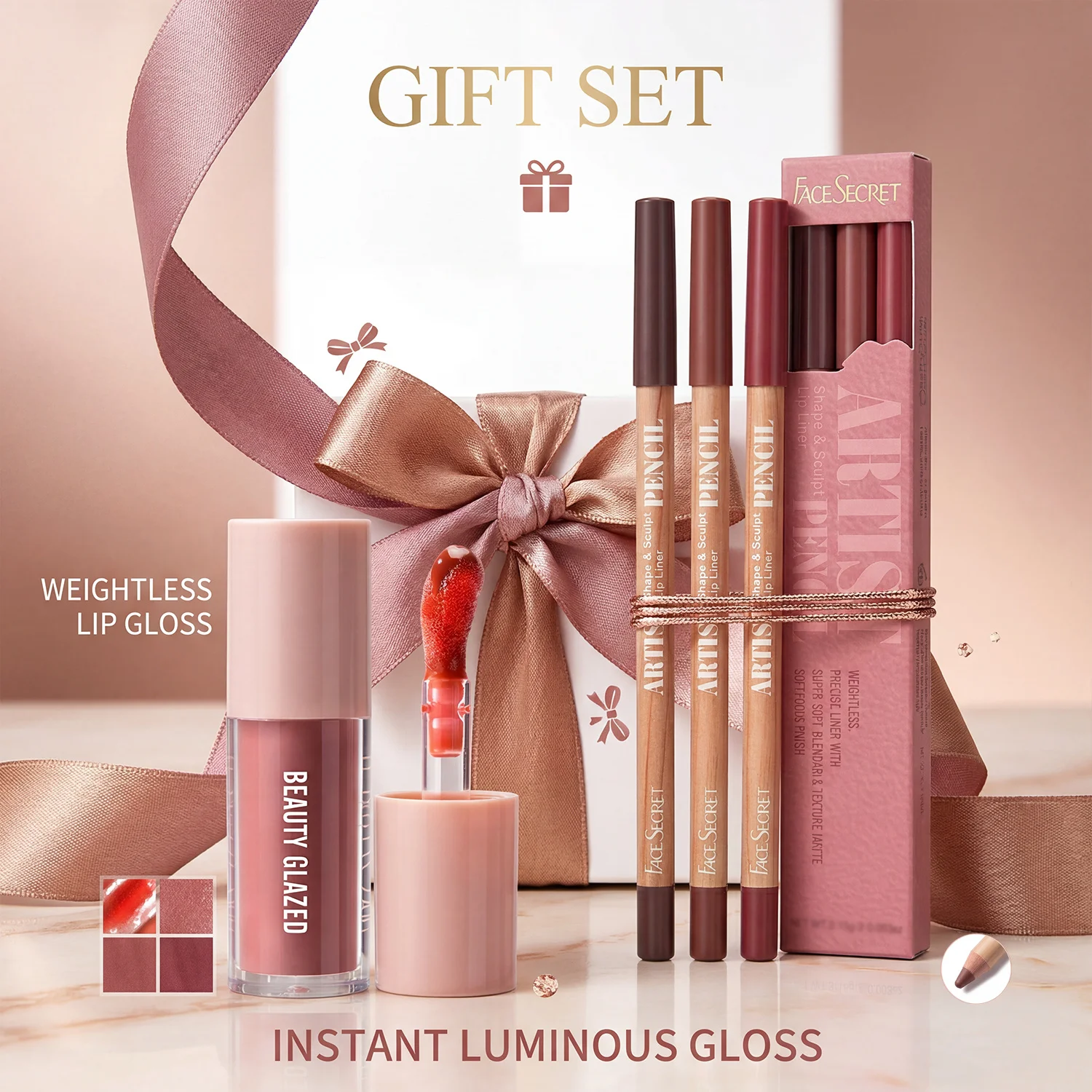 4Pcs Lip Liner & Lip Gloss Set Waterproof Long-lasting Smudge-proof Smooth Daily Lip Makeup Kit