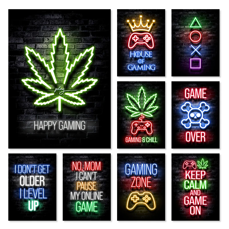 Motivational Neon Effect Game Slogan Pictures Flat Printed on Canvas Wall Posters and Paintings for Game Room Decor Gamers’ Gift