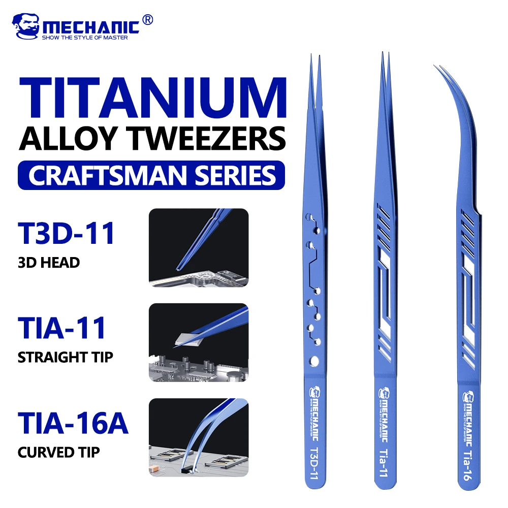 MECHANIC Tia-11/16 Titanium Alloy ESD Tweezers - 3D Curved & Straight Tips High Precision Anti-Corrosion Tool Electronics Repair