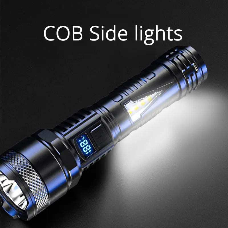 Portable High Strong Power LED+COB ABS Flashlights With Digital Display IP44 Waterproof Built-in Battery Torch USB Rechargeable