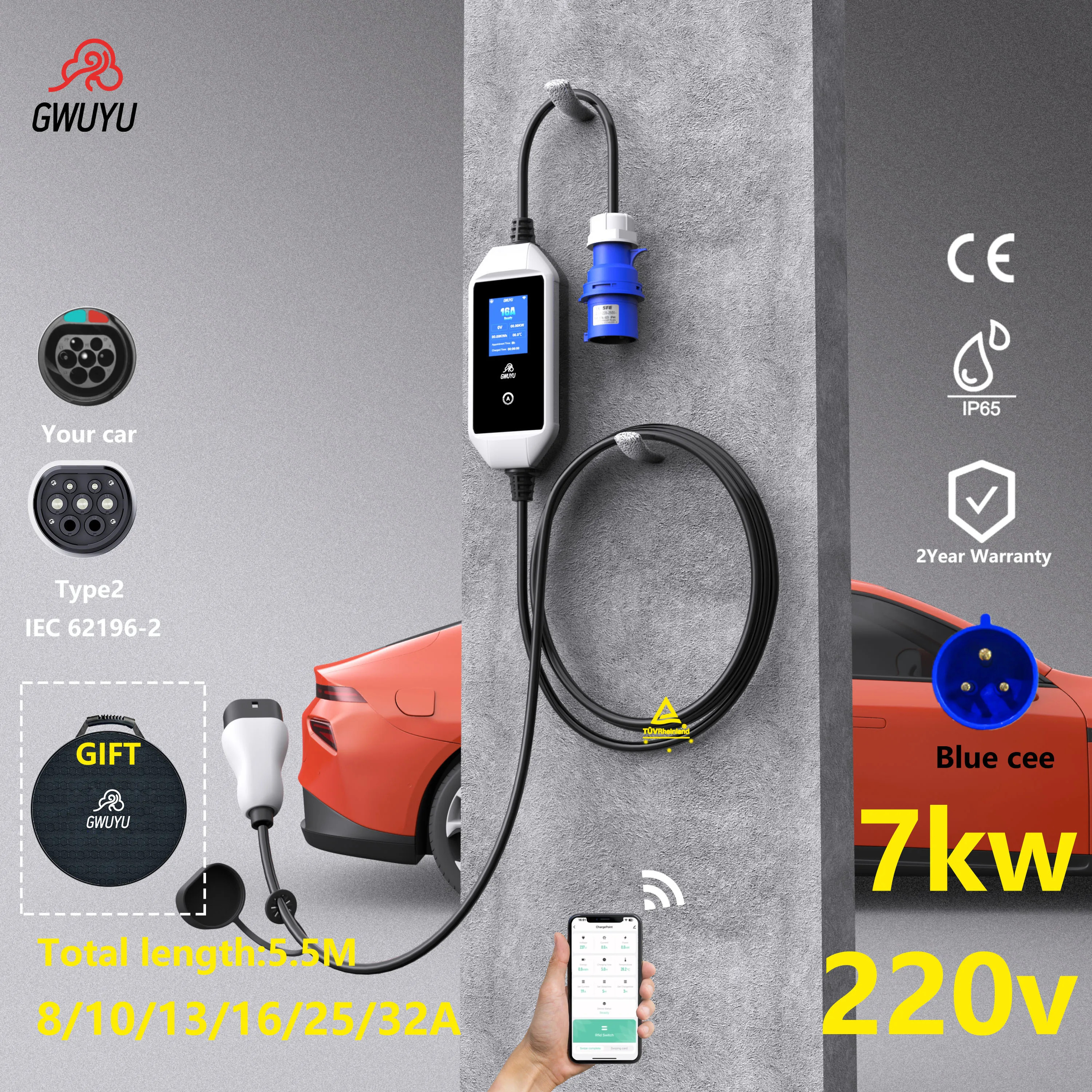 GWUYU Tragbares EV-Ladegerät 7KW 32A Typ2 IEC62196-2 Blauer CEE-Stecker Einstellbar 8-32A APP-Steuerung EVSE-Kabel IP65 Mit Aufbewahrungstasche