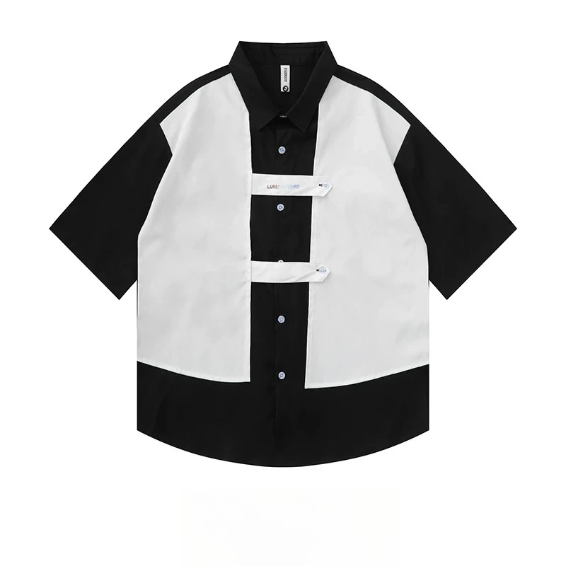 Summer Men's Black and White Color Block Cargo Style Short Sleeve Shirt Casual Loose Streetwear Button Down Top for Daily Wear