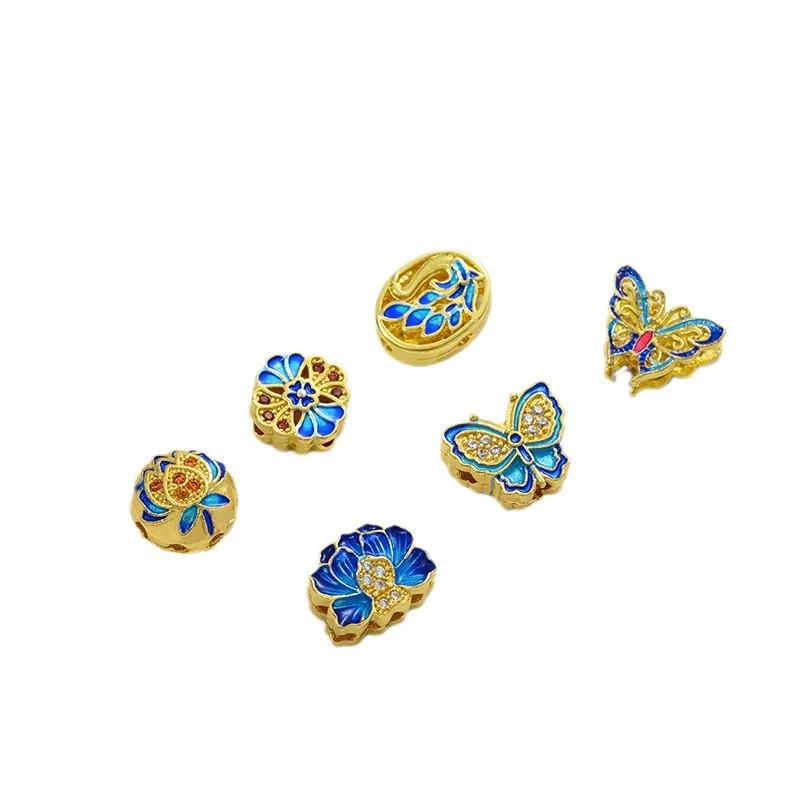 Copper Gold-plated Color Butterfly Auspicious Cloud Lotus Chinese Knot Back Cloud Fu Character Cloisonne Bead DIY Accessories view 6