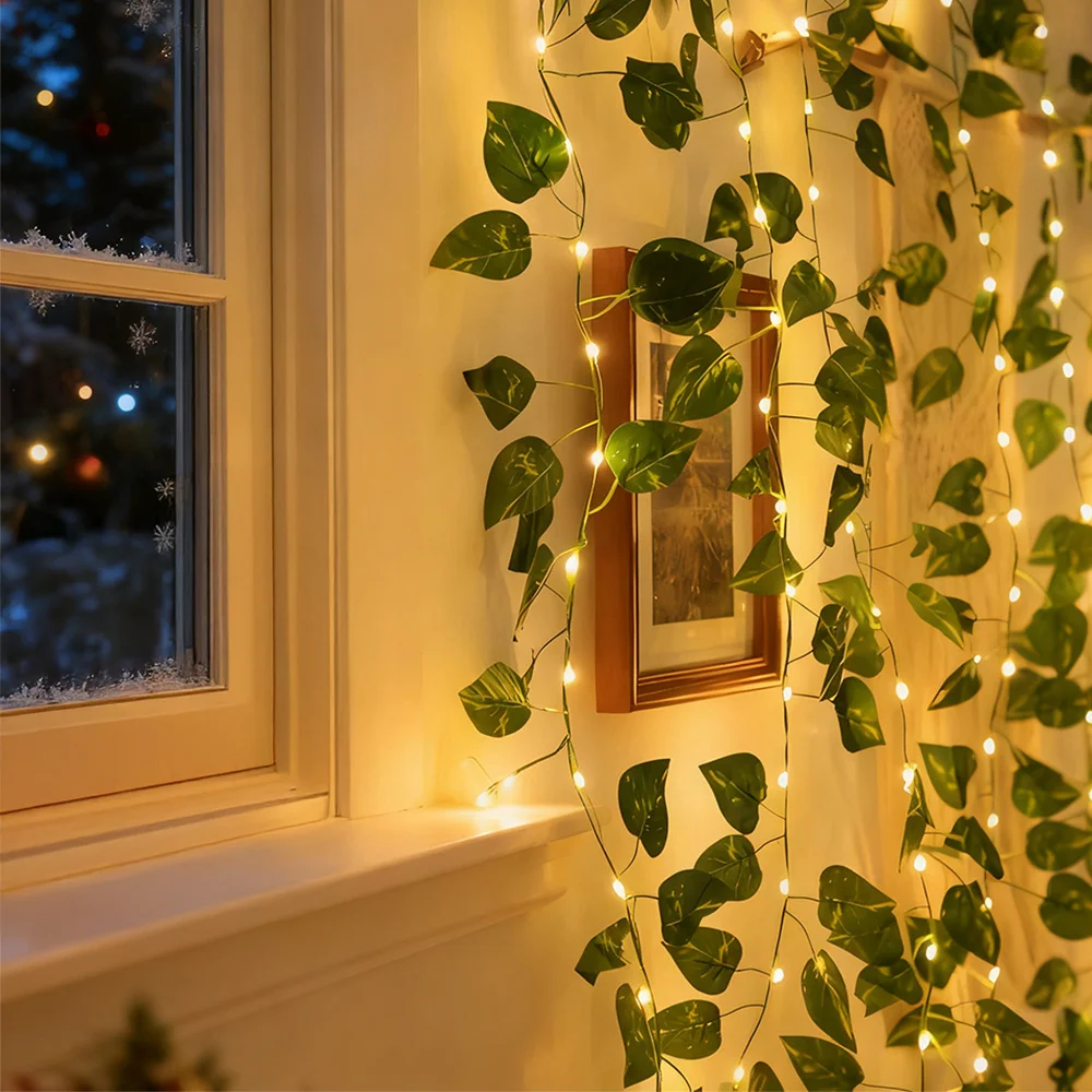 2M20LED Artificial Pothos Ivy Leaf Garland String Lights Battery Powered LED Fairy Lights for Bedroom Wall Christmas Party Home
