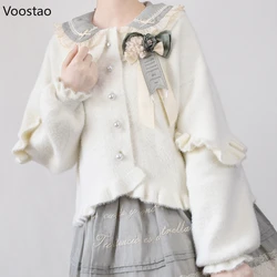 Autumn Winter Sweet Lolita Style Knitted Cardigan Women Kawaii Ruffles Puff Sleeve Short Sweater Jacket Casual Y2k Knitwear Tops