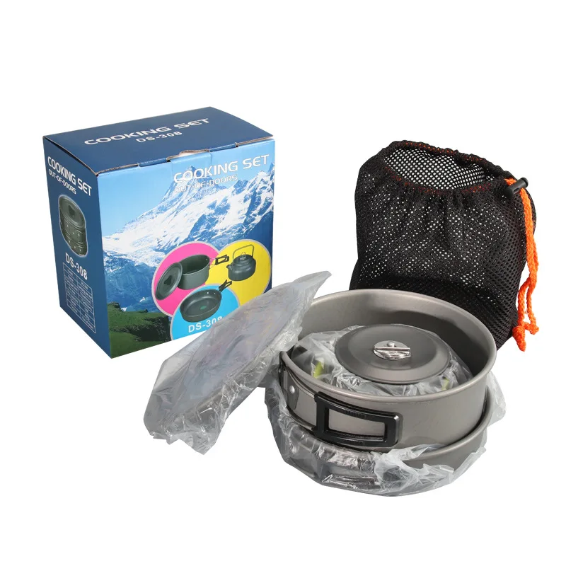 Kit de panelas de acampamento, conjunto de panelas de acampamento para 2-3 pessoas, panela e frigideiras antiaderentes, panelas leves e portáteis ao ar livre