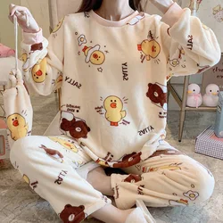 Women Homewear Sets 3PCS Warm Flannel Women Pajama Set Cute Print Girl Pyjama Set Long Sleeve Sleepwear Set Women Top Long Pant