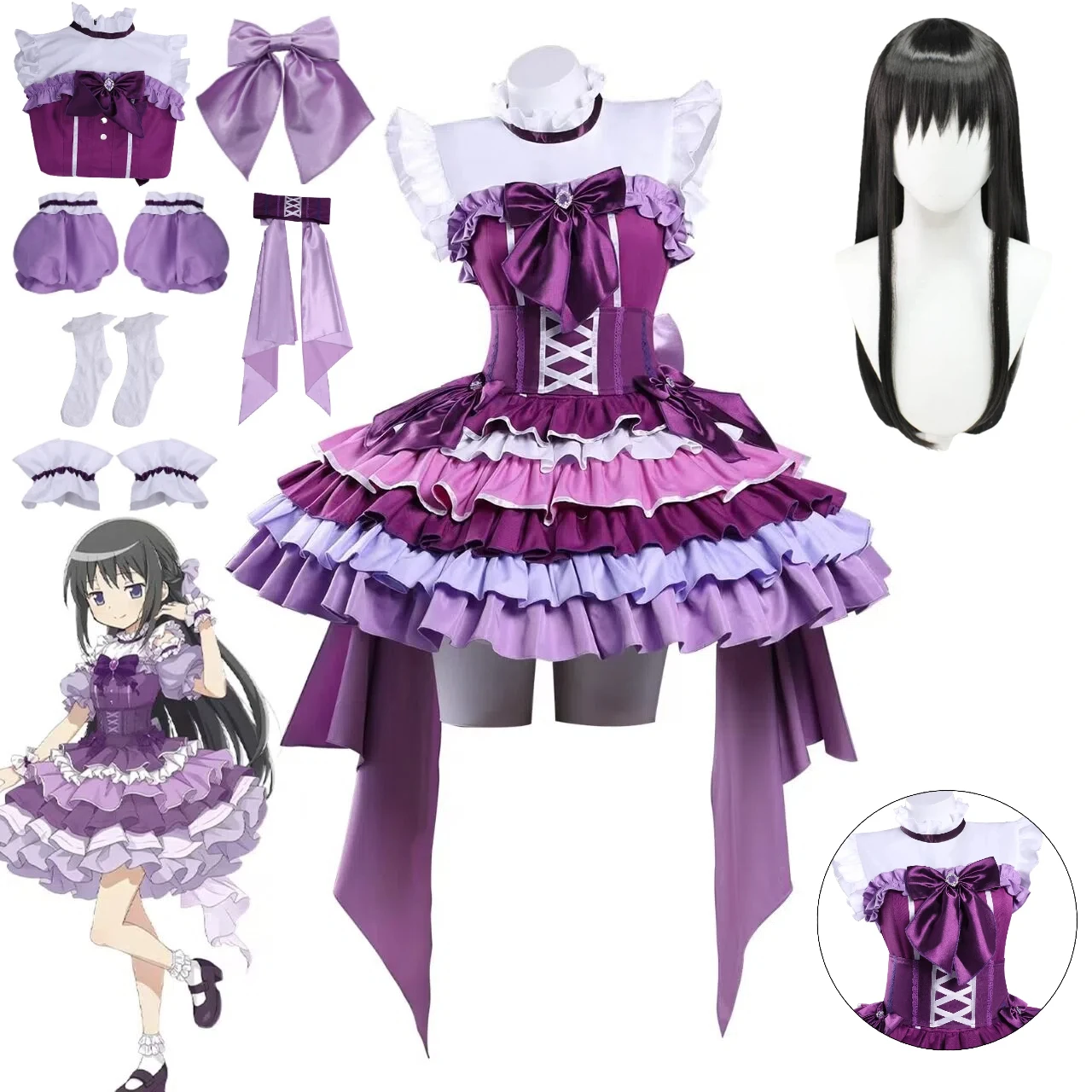 

Puella Magi Madoka Magica Homura Akemi Cosplay Costume Magia Lolita Dress with Wig Halloween Anime Cosplay Suit Carnival Party