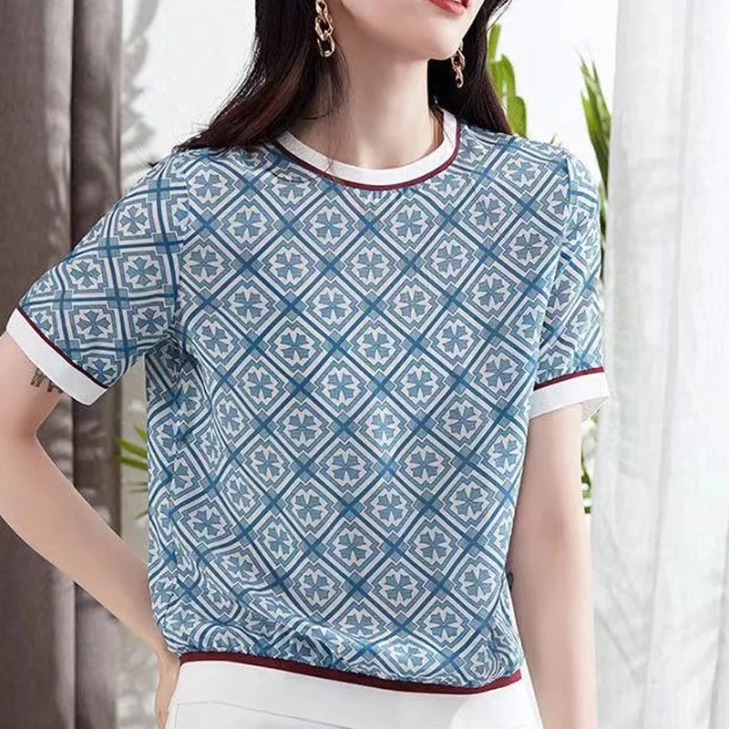 Summer Round Neck Short Sleeve Vintage Elegant Plaid Printing Chiffon T-Shirts Women Korean Style Thin Style Screw Thread Tees