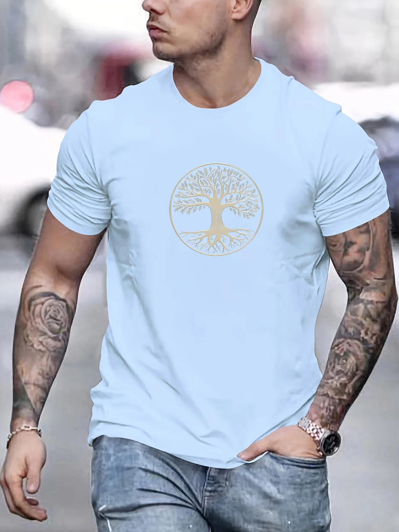Men's round neck short sleeved T-shirt top summer 100% pure cotton fashionable casual sports wide pine pattern printed Clothing image 5