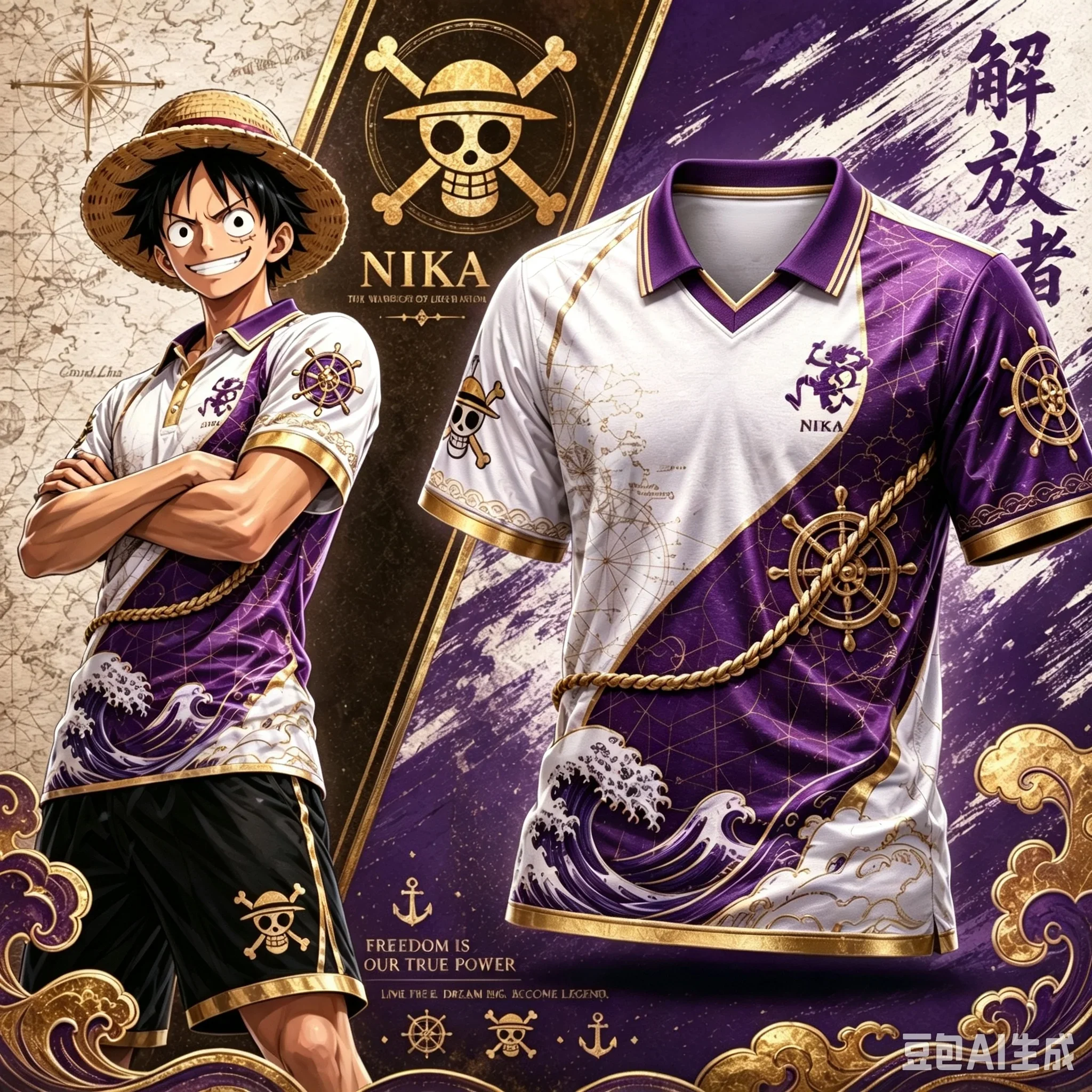 2026_27 Neues One Piece Luffy Series Fußballtrikot mit Kragen, Modisches Streetwear für Männer und Frauen, Unisex Anime Sportbekleidung, Familien-Partnerlook – Detail 5