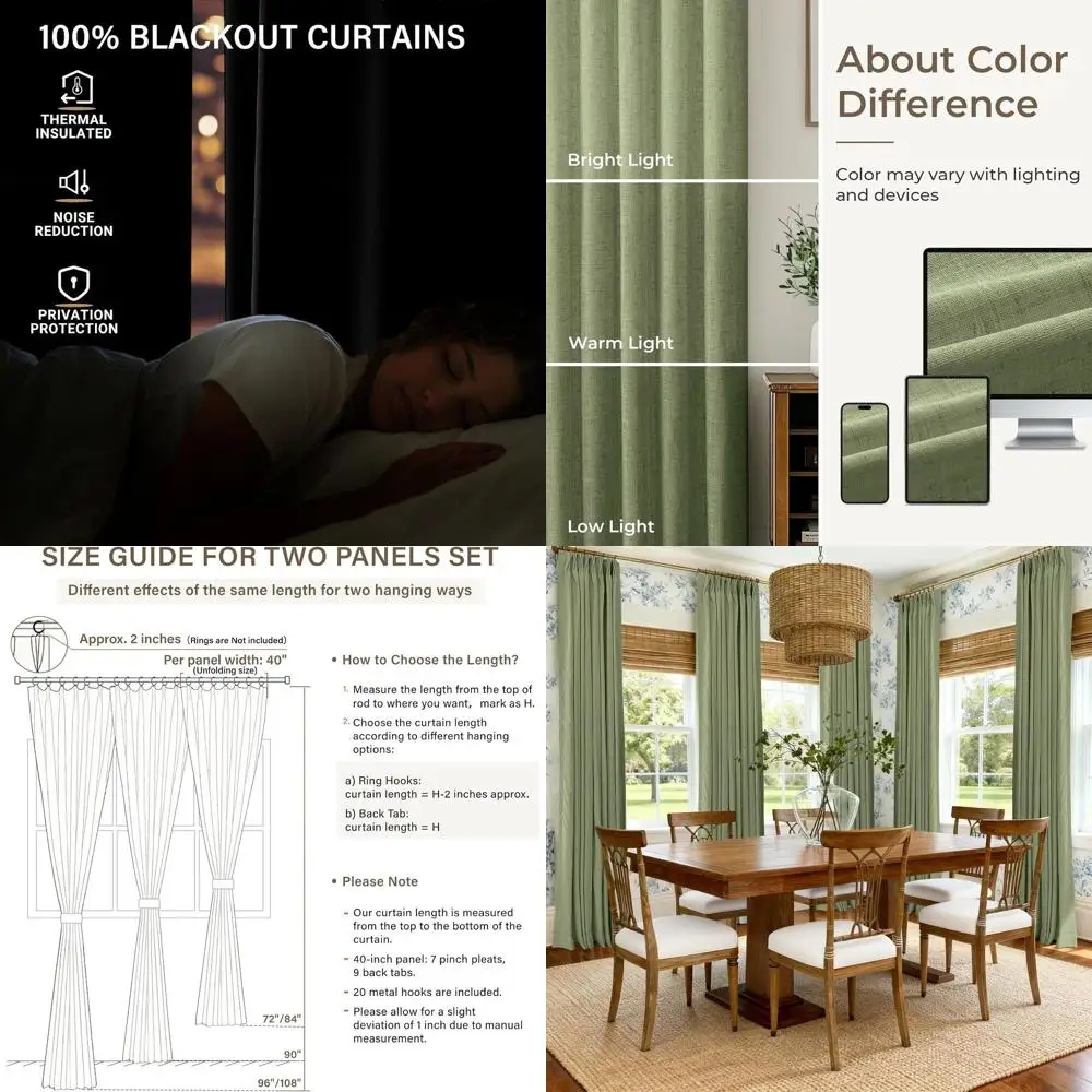 リネン混紡100%遮光カーテン、40x90、20個のフック、2枚セット、セージグリーン、寝室とリビングルーム用