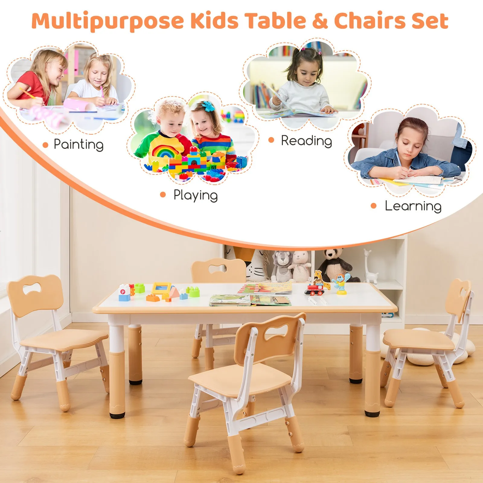 Kids Height Adjustable Table and 4 Chairs Set with Graffiti Desktop Natural