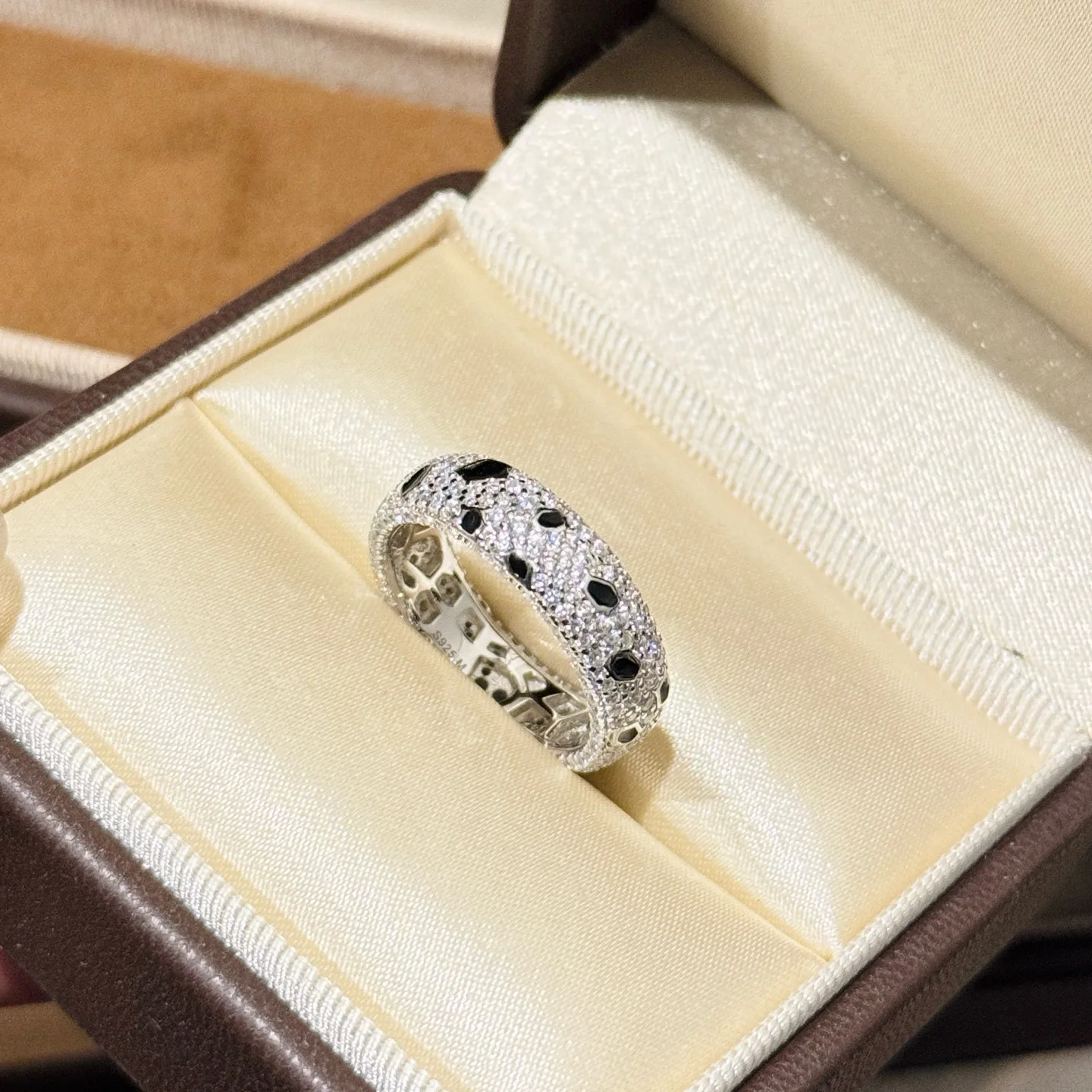 100% 925 Sterling Silver 3 Row Full 5A Zirconia Black And White Spots Leopard Print Ring For Women Fine Jewelry