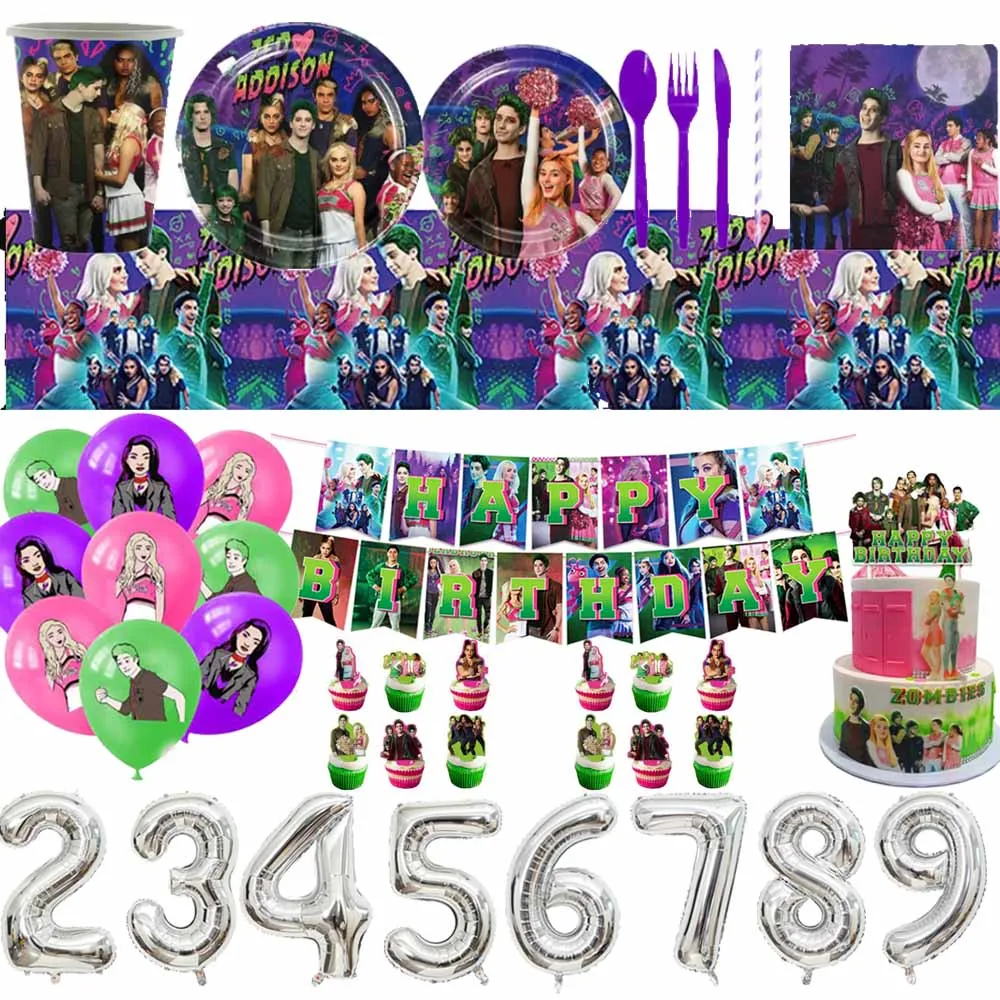 

Disney Film Zombie High Theme Girl Birthday Party Decorations Zombie Zed Addison Backdrop Disposable Tableware Set Balloon Gifts