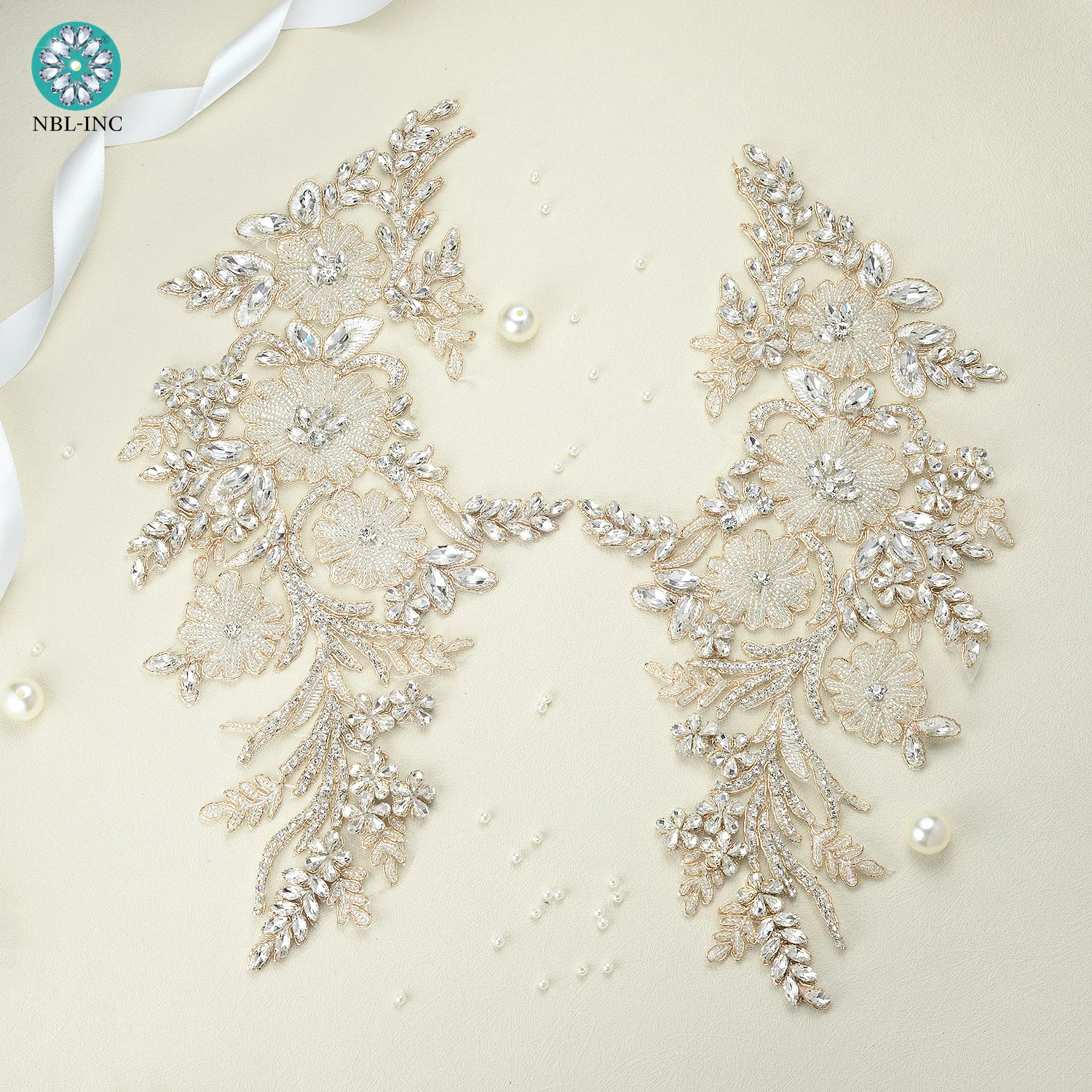 

(30 Pairs) Wholesale Sew On crystal rhinestone embroidered lace motif neckline shoulder applique for wedding dress WDD1208