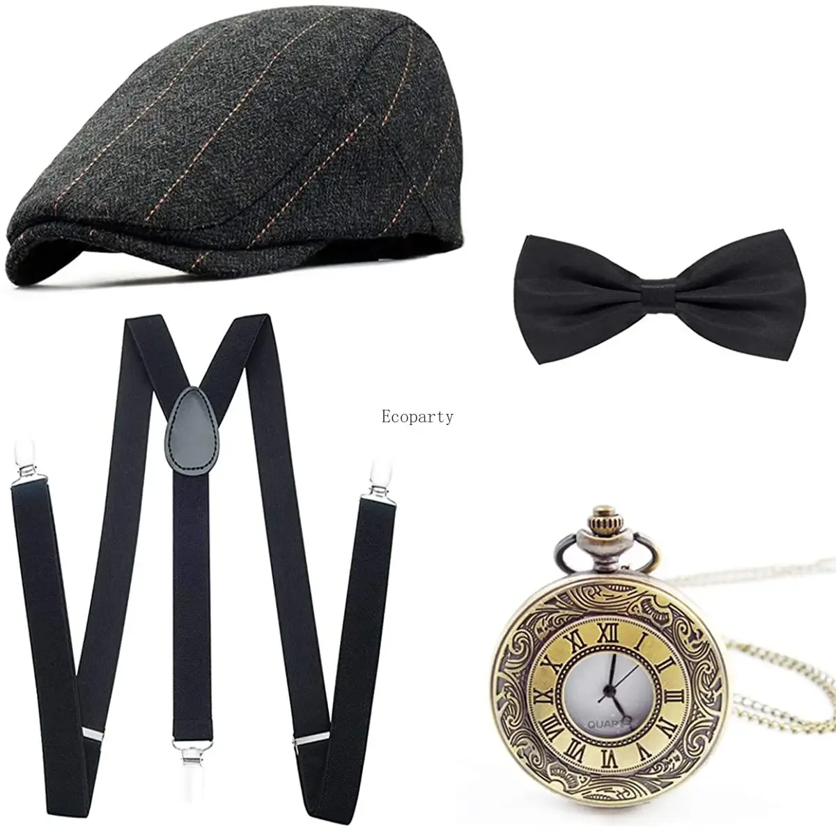 1920s Men's Accessories Mafia Gatsby Including Panama Hat Adjustable Elastic Braces Men's Neck Bow Tie and Vintage Pocket Watch