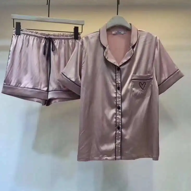 

Love irt Collar Pajamas Suit Women's Summer ort Sve Cotton Spwear Comfortable Breathable V-Ne Long Pants