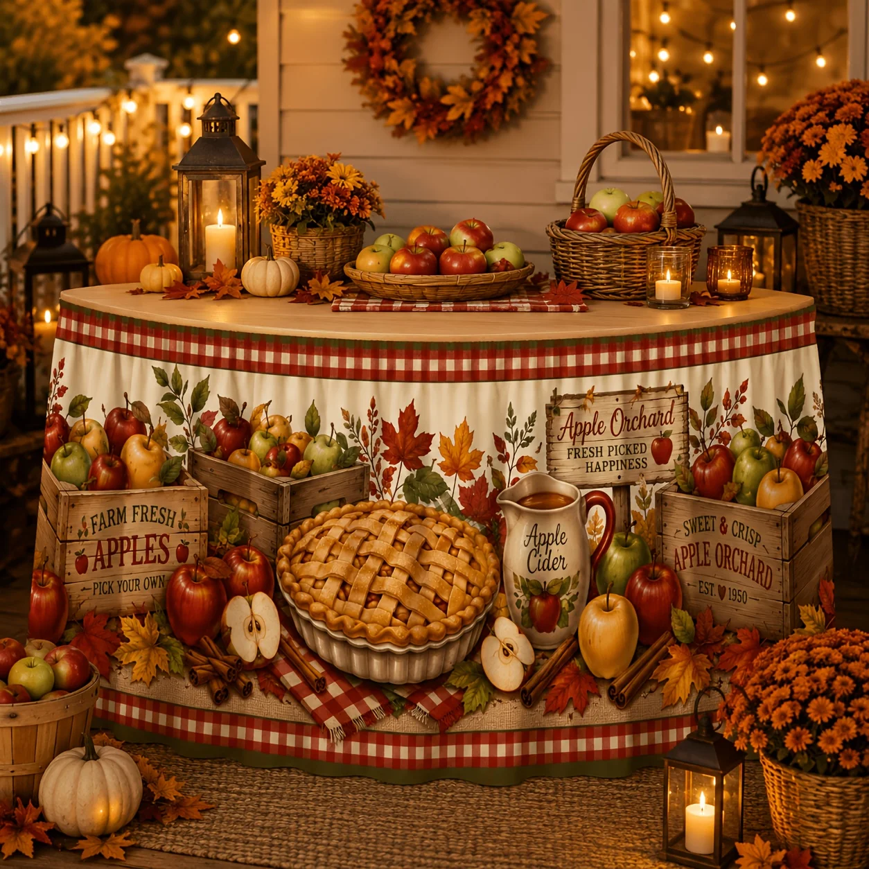 One tablecloth: Polyester, retro apple orchard apple pie, apple wine, maple leaf red checkered border pattern decorationxzj