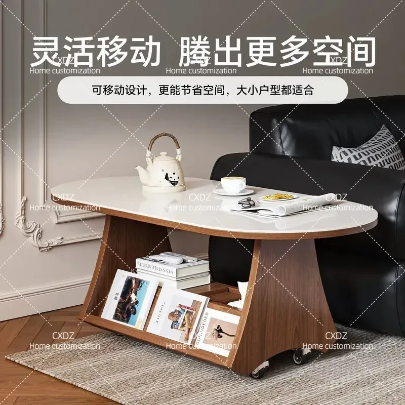 Movable Oval Coffee Table with Storage Rock Slab Top Solid Wood Frame Living Room Tea Table Trolley for Small Apartment