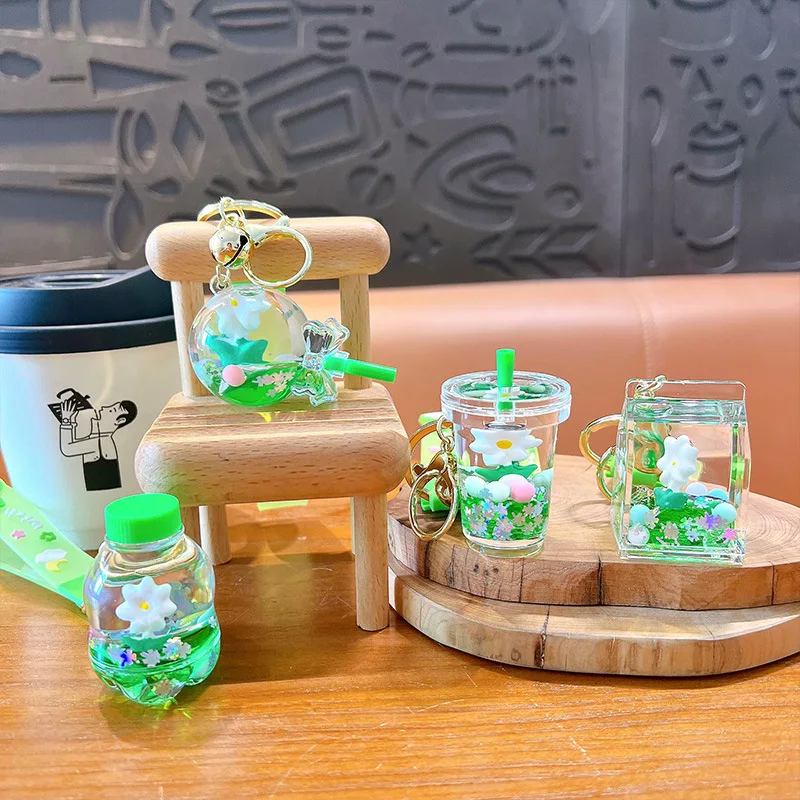 Creative Floating Flower Milk Tea Cup Acrylic Key Chain Simulated Lollipop Green Quicksand Liquid Summer Bag Car Pendant Keyring