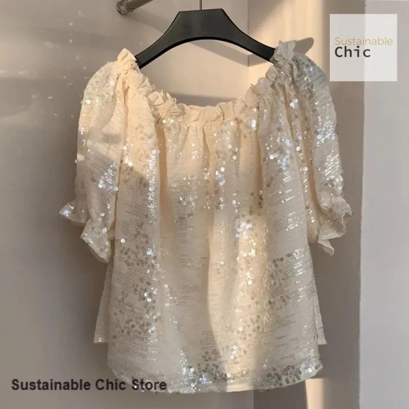 

French heavy industry sequins collar and two shirts women's spring and summer new temperament age-reducing loose belly cover top