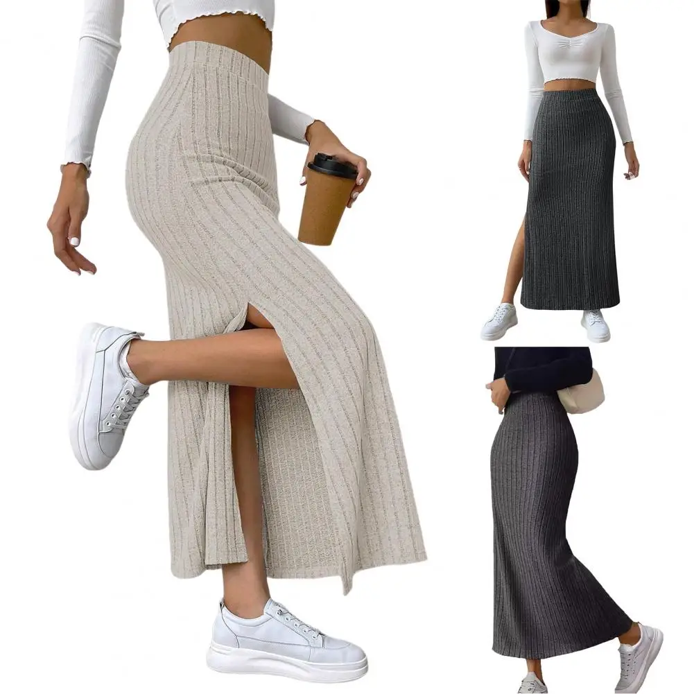 

Sexy Split Bodycon Long Skirt Women Elegant Slim Fit High-Waisted Knitted Skirts Woman Autumn Winter Package Hip Midi Skirt