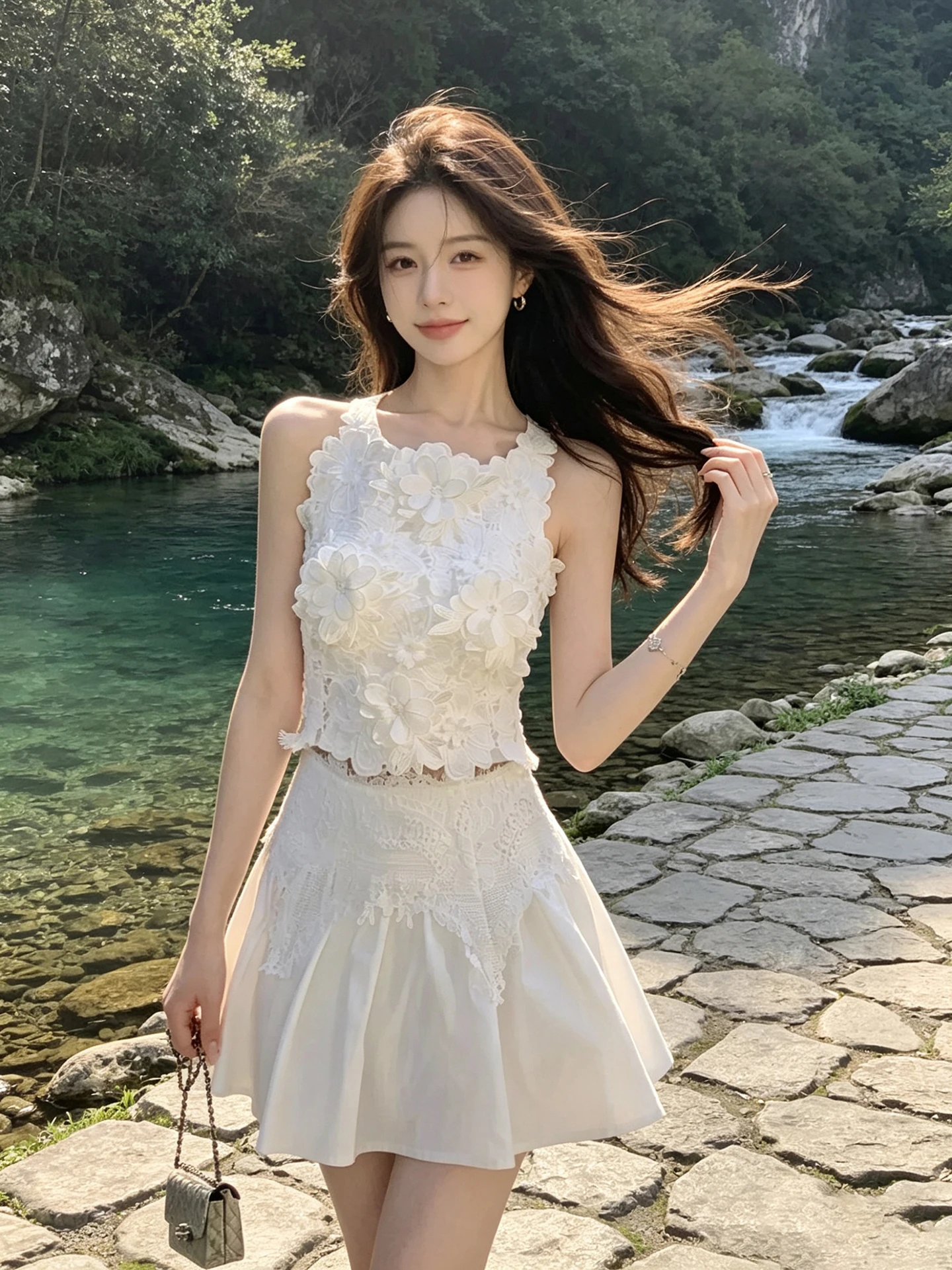 

Elegant Embroidered Sleeveless Vest And High Waist Skirt Set for Women Beautiful Summer Fashion Two-Piece Suit Chinese Brand