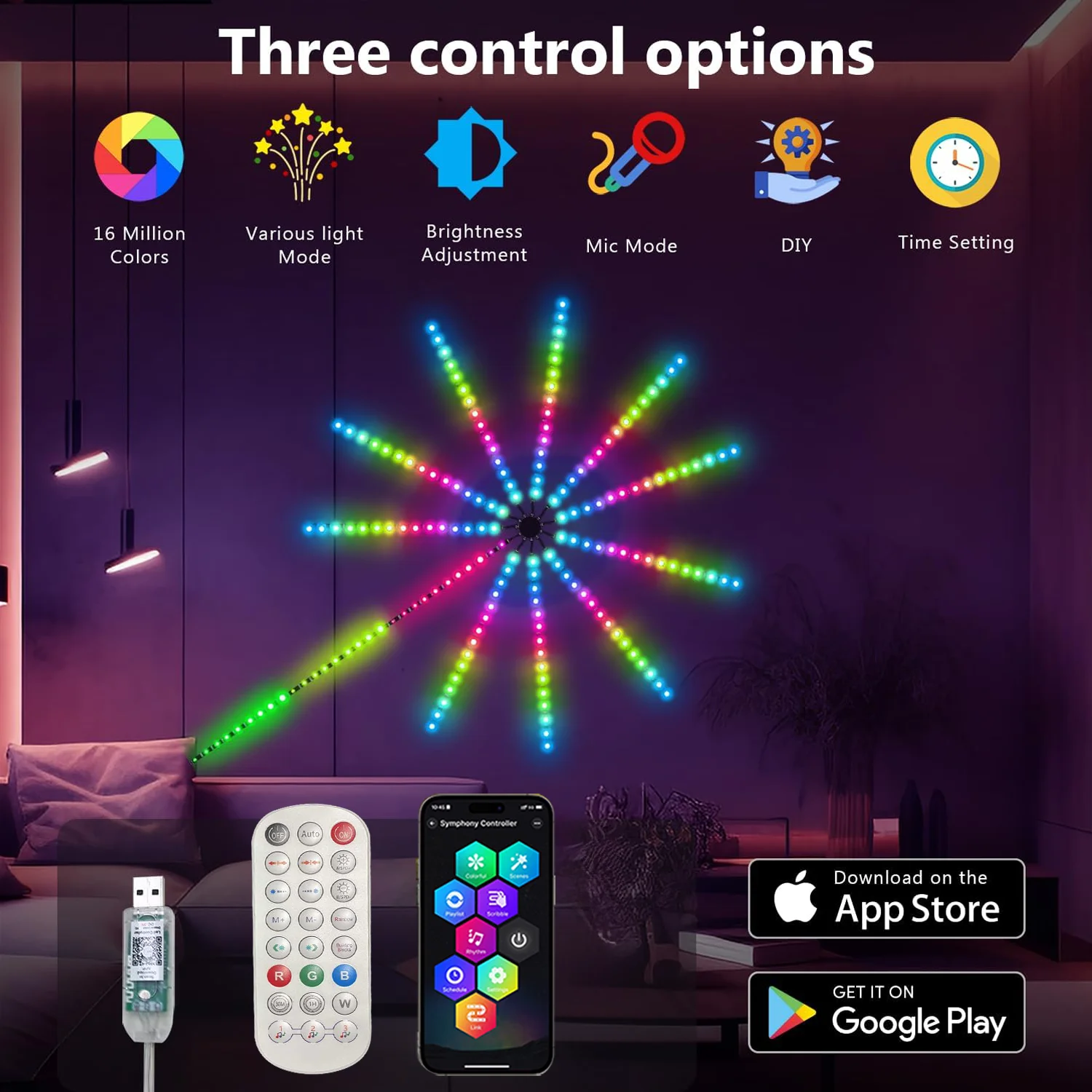 LED Fireworks Lights RGB Color Change Bluetooth APP Music Sound Control Remote Control Home Bedroom Outdoor Christmas Decoration