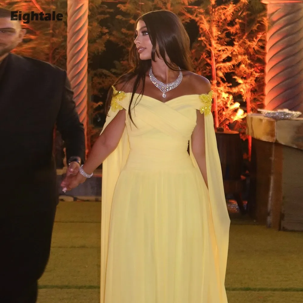 Suknie wieczorowe Eightale w stylu arabskim na przyjęcie weselne, z odkrytymi ramionami, szyte na miarę, szyfonowe, żółte, z krótkimi rękawkami, w kształcie litery A, muzułmańskie suknie balowe.