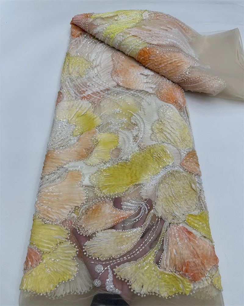 Handmade 3D Ribbon Embroidered Net Lace with Sequin High Quality Fabric for Party Evening Dress Latest Pretty Nice Design