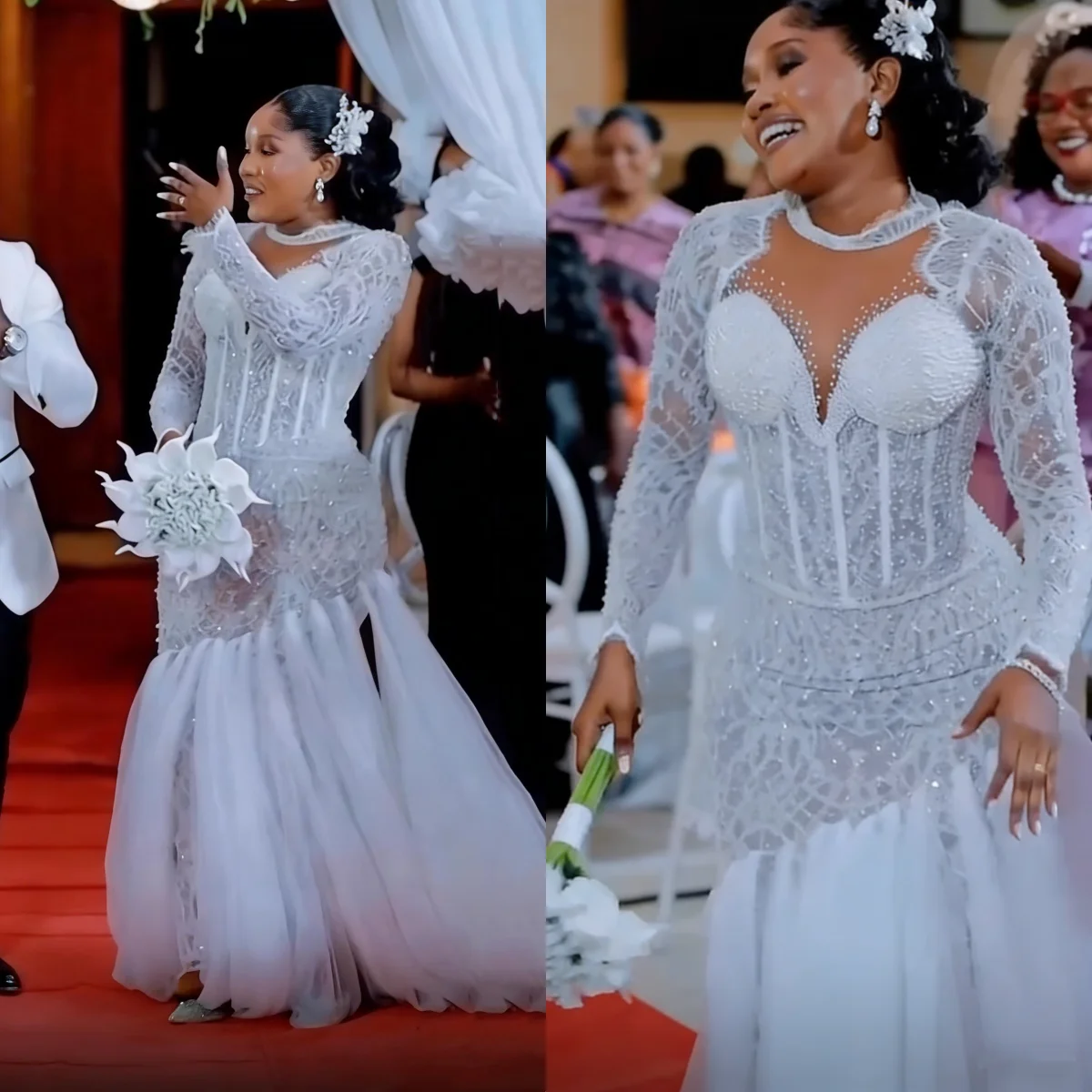 

Роскошное кружевное свадебное платье-русалка с бисером, с высоким воротником, длинными рукавами, фантазийное выпускное платье из фатина, африканское свадебное платье больших размеров