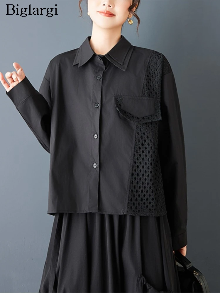 

Oversized Spring Shirts Women Hollow Out Patchwork Fashion Casual Ladies Cropped Blouses Loose Long Sleeve Woman Shirt