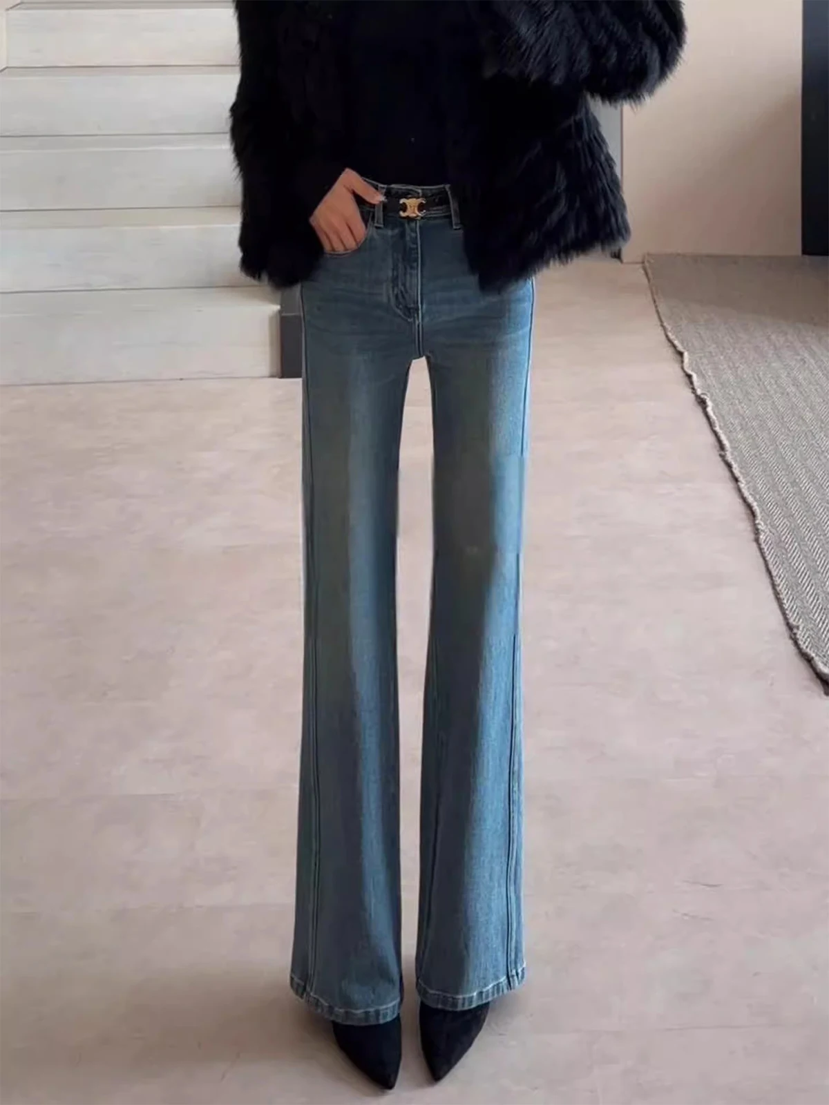 

Blue Fce Lined Bell Bot Jeans Women's High Waist Straight Leg Floor Length Pants Vintage Sle Ladies Faion Spring 2026